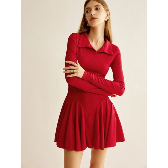 Commense Red Ribbed Knit Mini Dress Long Sleeve Polo Collar Fit and Flare Small - Picture 12 of 17